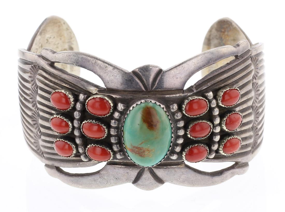 Old Pawn Turquoise & Coral Sand Cast Bracelet (1 of 3)