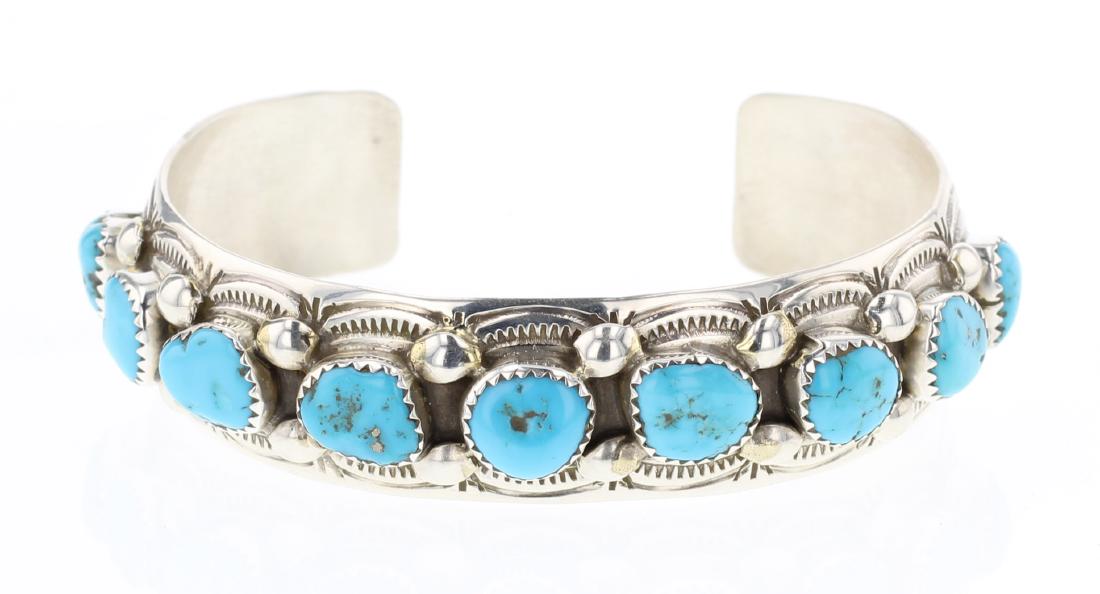 Wilbert Benally Kingman Turquoise Row Cuff Bracelet (1 of 3)