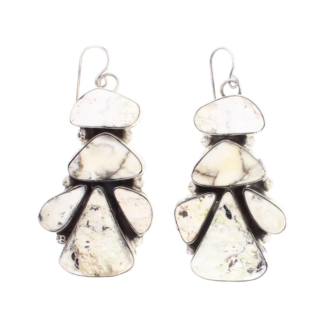 Lorenzo Juan White Buffalo Cluster Earrings: Sterling Silver | Genuine White Buffalo | Lorenzo Juan White Buffalo Cluster Earrings | Navajo Native American Southwest Indian Jewelry | Dimensions: Earrings: 1.25" x 2.5", 20mm x 10mm top center sto