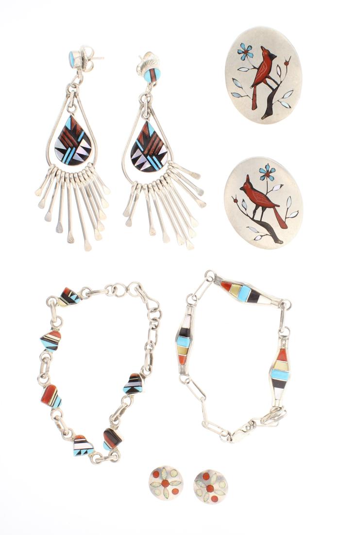 Turquoise & Coral Zuni Inlay Earrings & Link Cuff (1 of 2)