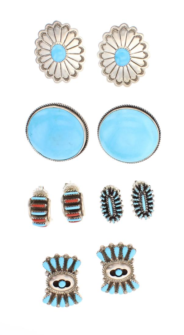 Block Turquoise & Coral Earrings Lot of Five Pairs (1 of 2)