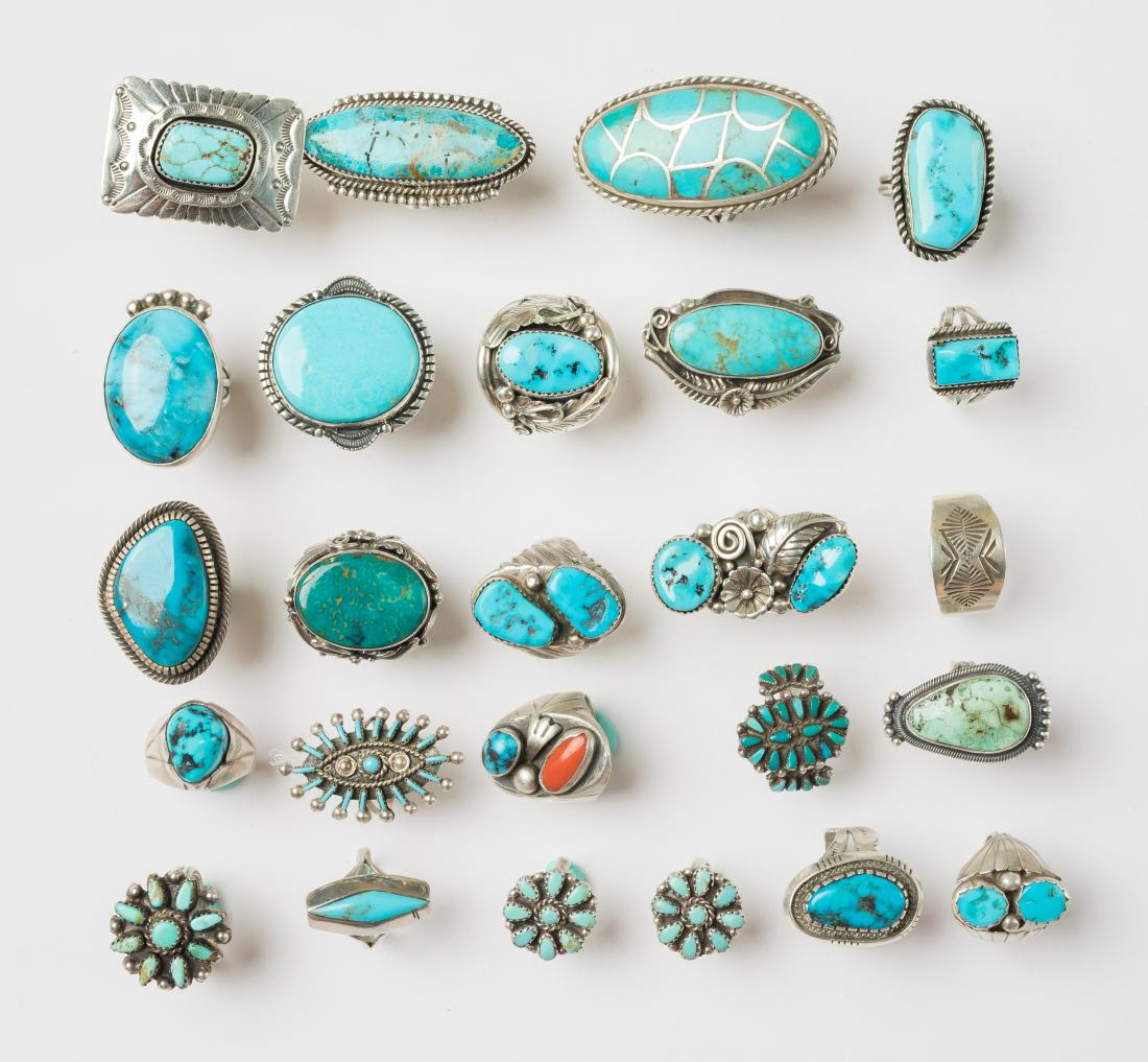 Turquoise & Coral Old Pawn Ring Lot of 25 Rings (1 of 2)