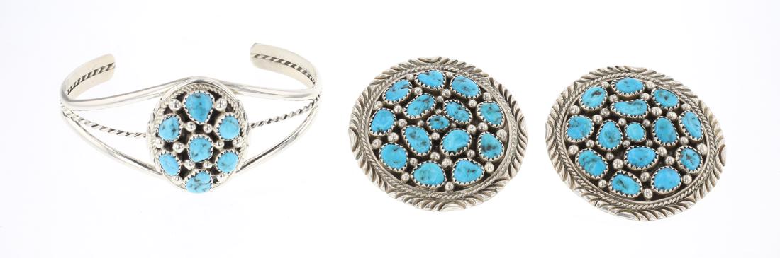 Vintage Turquoise Cluster Cuff Bracelet  & Earrings Set (1 of 3)