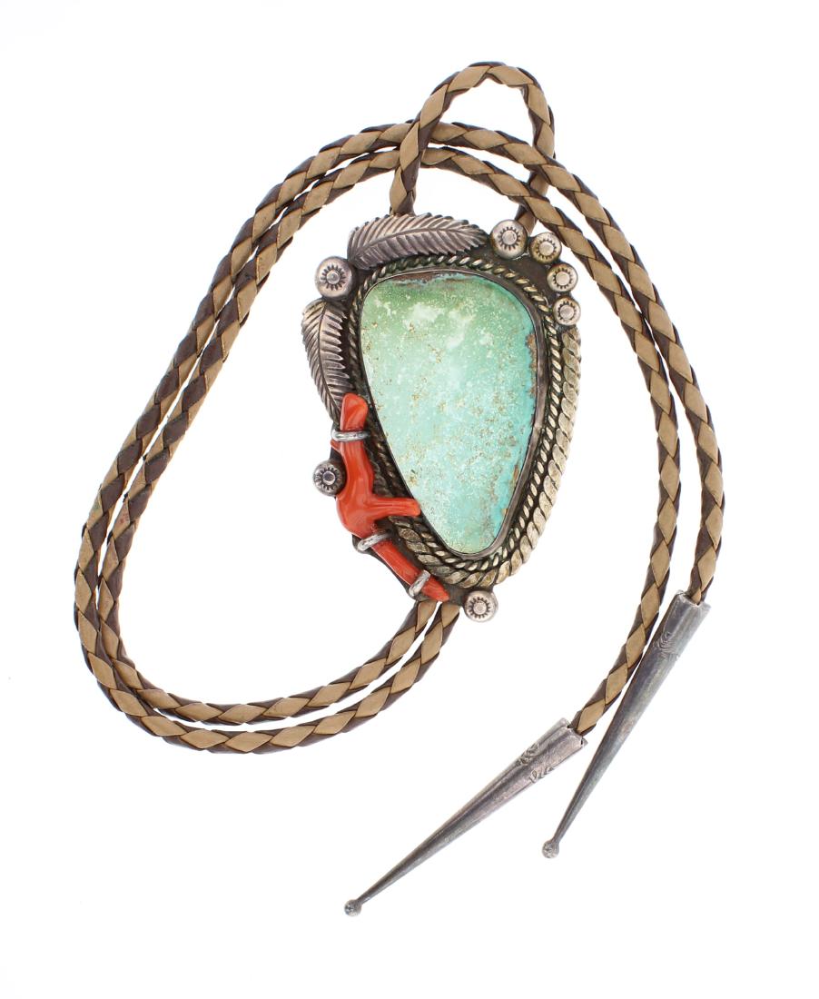 Old Pawn Turquoise & Coral Bolo Tie (1 of 2)