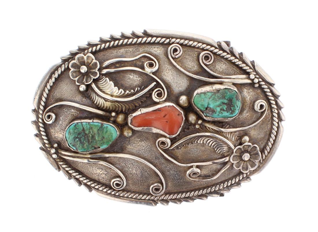 Old Pawn Turquoise & Coral Feather & Leaf Cuff Bracelet (1 of 2)