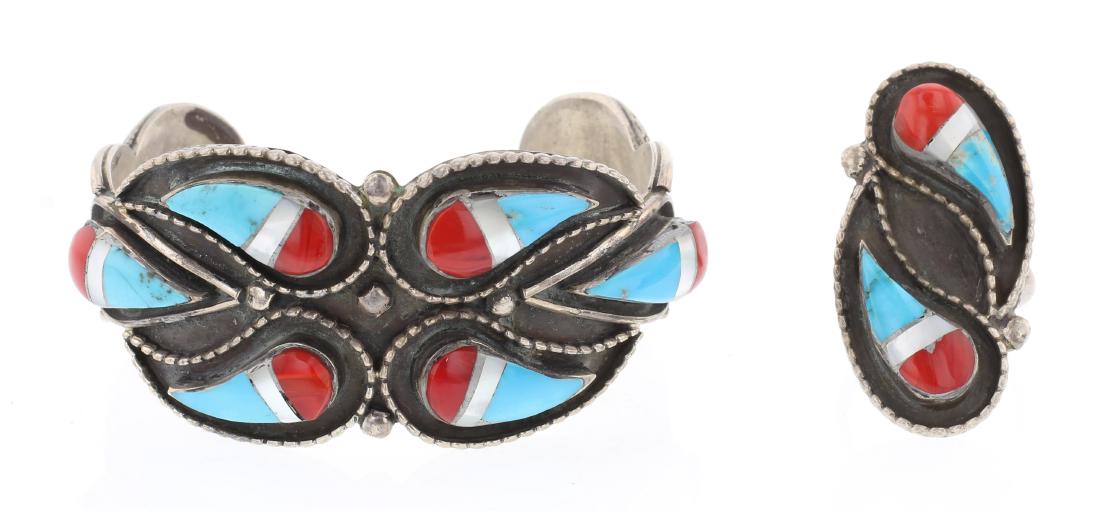 Vintage Turquoise & Coral Inlay Cuff Bracelet  & Ring (1 of 3)