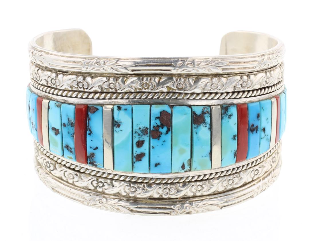Vintage Turquoise & Coral Cobblestone Inlay Cuff (1 of 3)