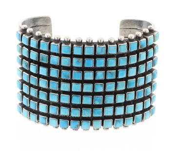 Raymond Bitsoi Vintage Turquoise Square Row Cuff: Sterling Silver | Genuine Turquoise | Raymond Bitsoi Vintage Turquoise Square Row Cuff Bracelet | Navajo Native American Southwest Indian Jewelry | Dimensions: Bracelet: 5.5" inner, 1.5" gap, 7" total