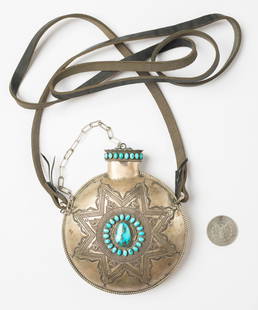 Terry Martinez Old Pawn Pilot Mountain Turquoise Large: Sterling Silver | Genuine Pilot Mountain Turquoise | Terry Martinez Old Pawn Pilot Mountain Turquoise Large Canteen | Navajo Native American Southwest Indian Jewelry | Dimensions: Flask: 6" x 2" x 7",