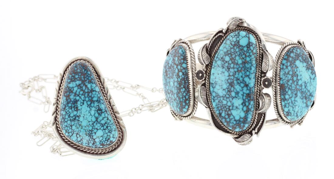 Spiderweb Turquoise Vintage Cuff Bracelet  & Pendant (1 of 3)