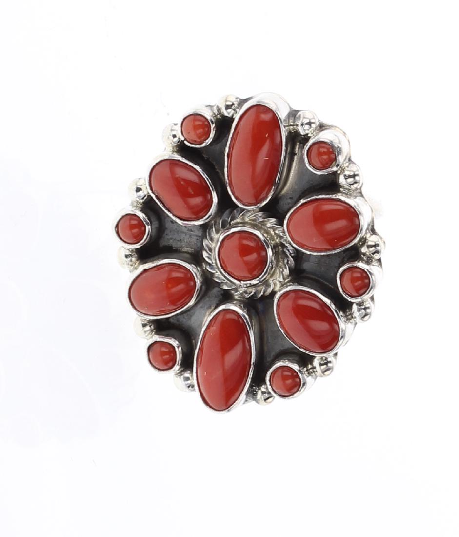 Kathleen Chavez Ox Blood Mediterranean Cluster Ring: Sterling Silver | Genuine Ox Blood Coral | Kathleen Chavez Ox Blood Mediterranean Cluster Ring | Navajo Native American Southwest Indian Jewelry | Weight:11.3 Grams, | Dimensions: Ring: 7.25 size, 1.2