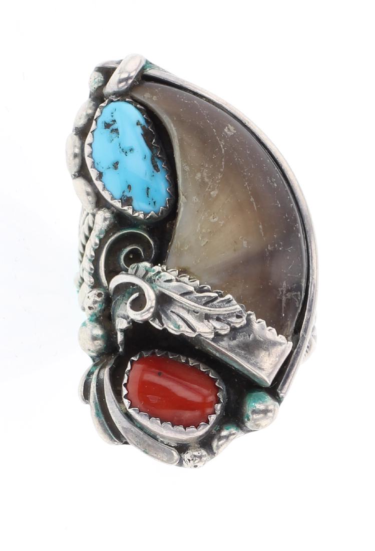 Vintage Genuine Turquoise & Coral Bear Claw Ring (1 of 3)