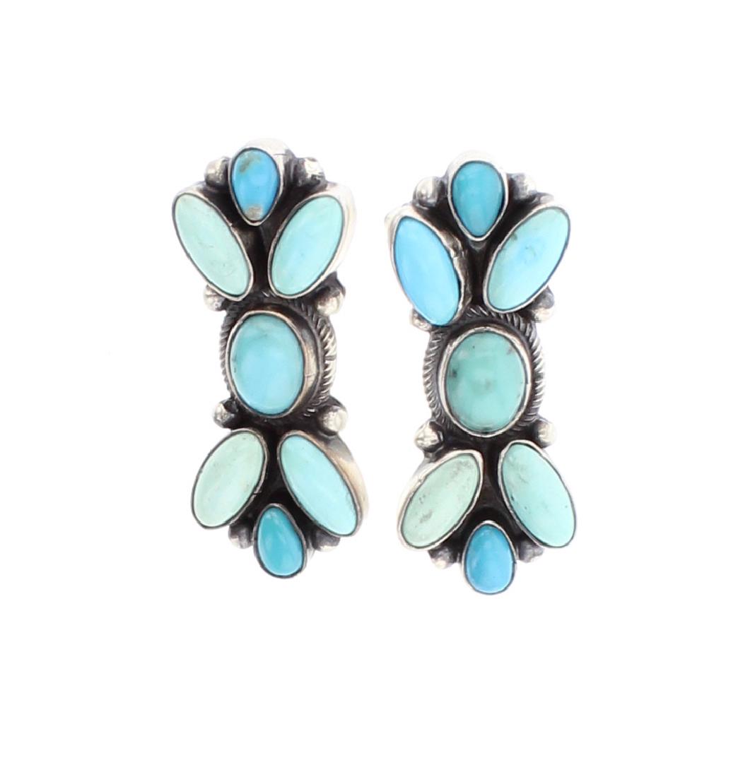 Turquoise Cluster Earrings: Sterling Silver | Genuine Turquoise | Turquoise Cluster Earrings | Navajo Native American Southwest Indian Jewelry | Weight:11.9 Grams, | Dimensions: Earrings: .5" x 1.5", 6mm x 9mm center stone (for