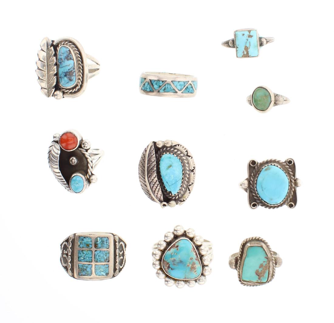 Old Pawn Vintage Turquoise & Coral Ring Lot of 10 (1 of 3)