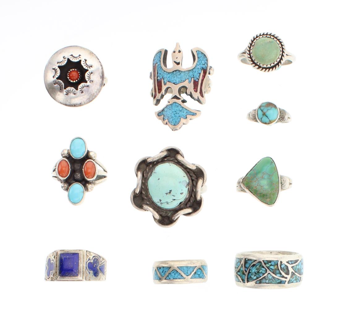 Old Pawn Vintage Turquoise Coral & Lapis Ring Lot of 10 (1 of 3)