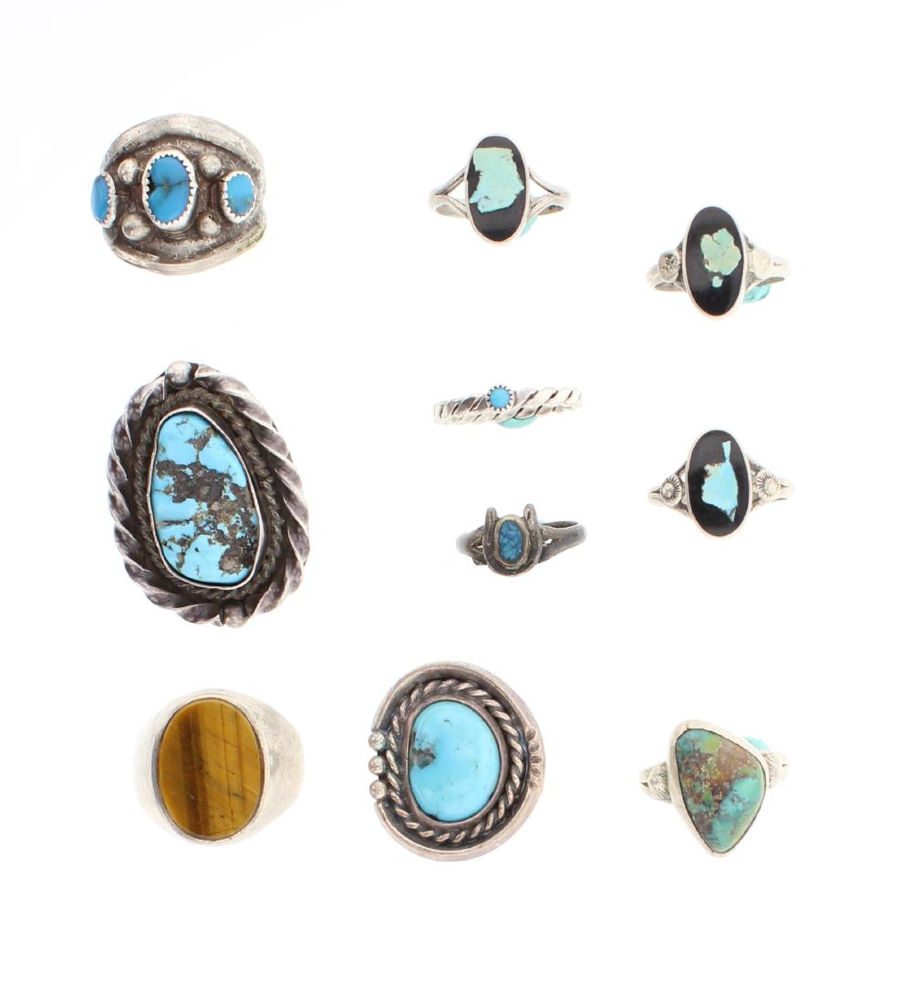 Old Pawn Vintage Turquoise & Tiger Eye Ring Lot of 10 (1 of 3)