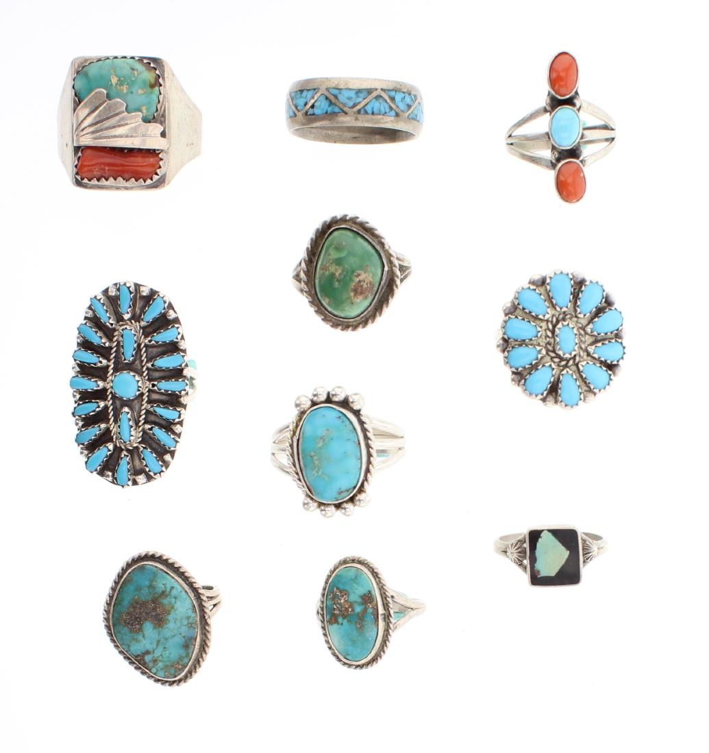 Old Pawn Vintage Turquoise & Coral Ring Lot of 10 (1 of 3)