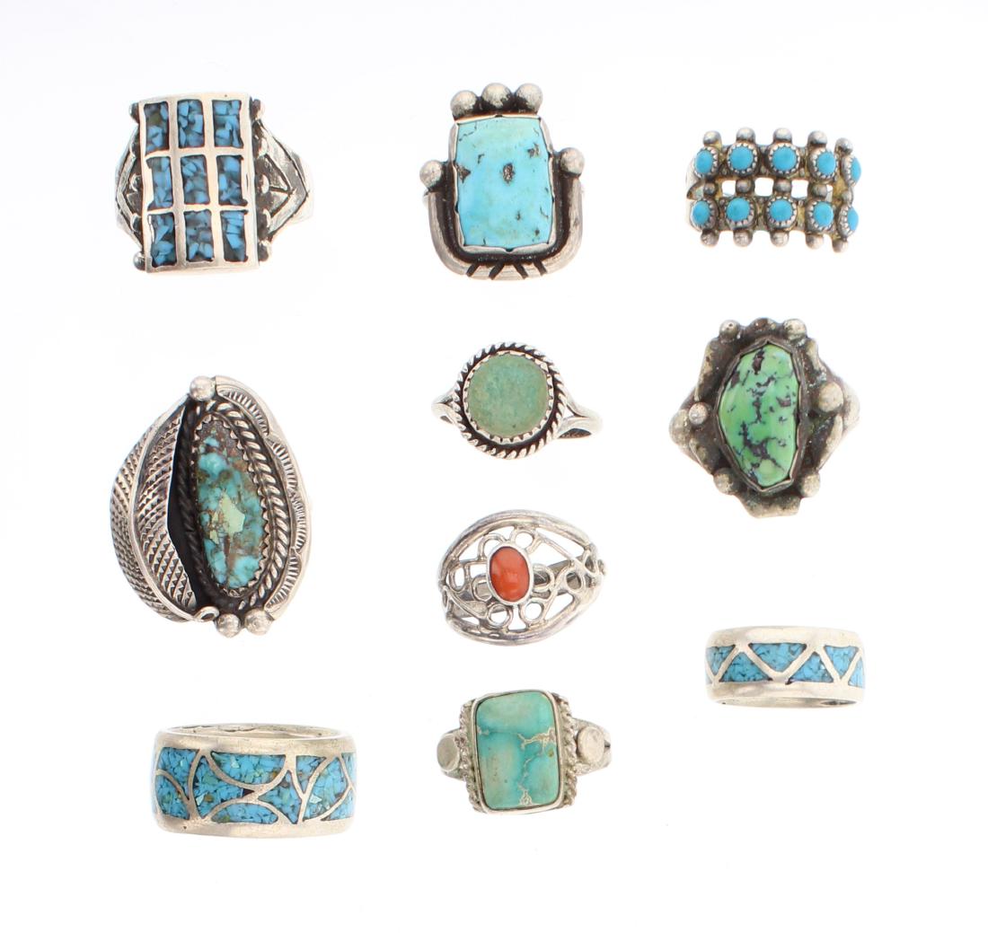 Old Pawn Vintage Turquoise & Coral Ring Lot of 10 (1 of 2)