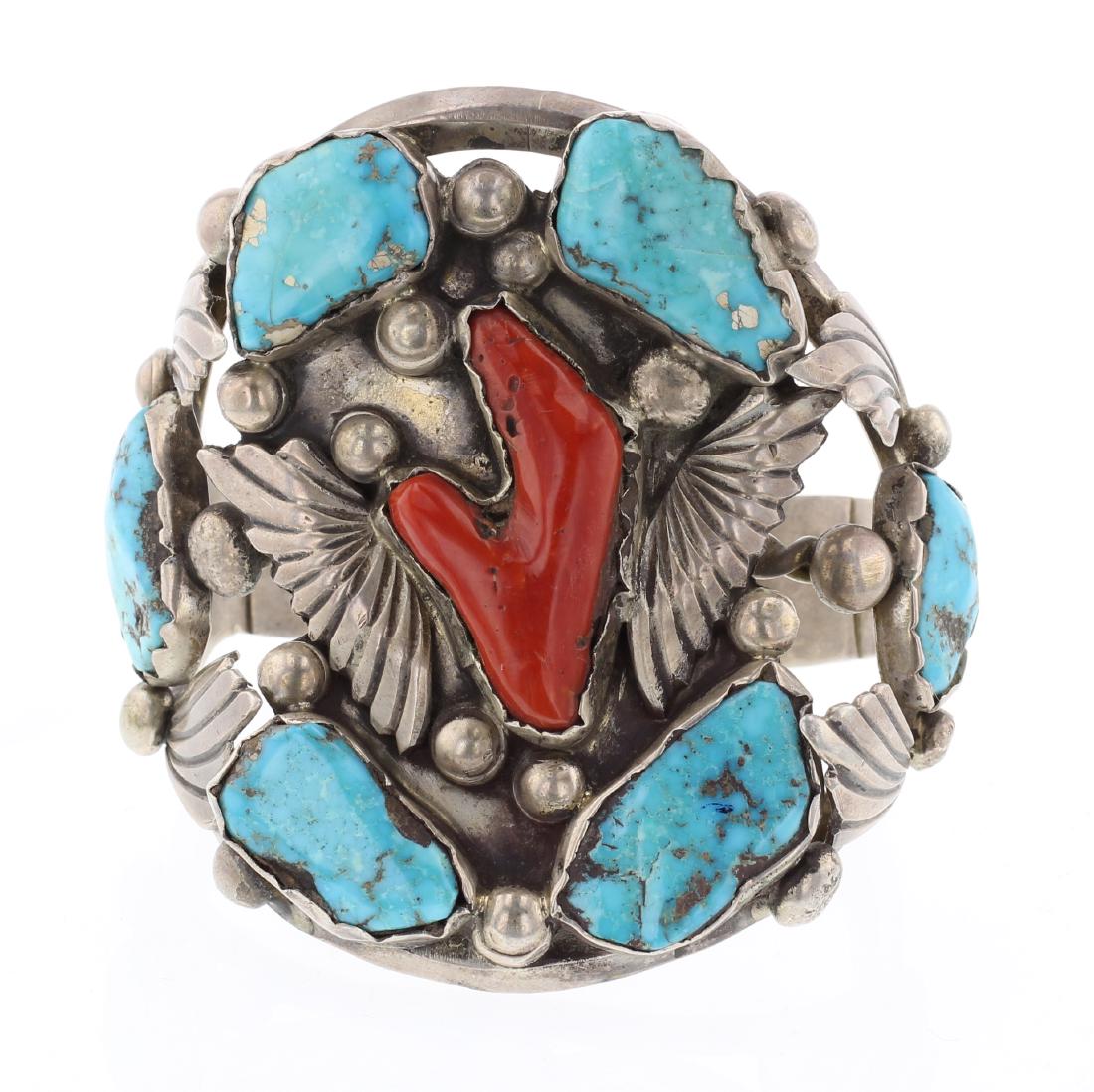 Old Pawn Turquoise & Coral Wings Cuff Bracelet (1 of 3)
