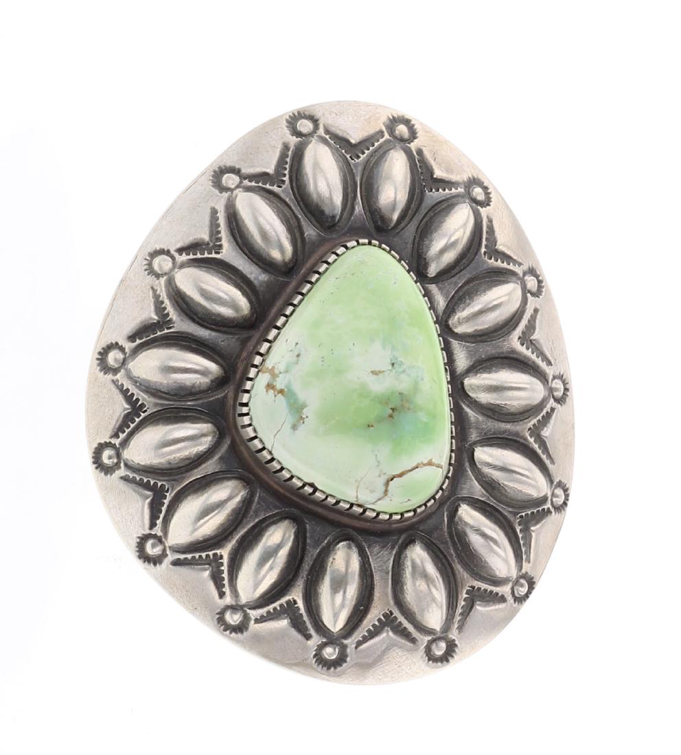 Ernest Bilagody Carrico Lake Turquoise Vintage Ring: Sterling Silver | Carrico Lake Turquoise | Ernest Bilagody Carrico Lake Turquoise Vintage Ring | Navajo Native American Southwest Indian Jewelry | Weight:29.2 Grams, | Dimensions: Ring: 7.75 size, 2" 