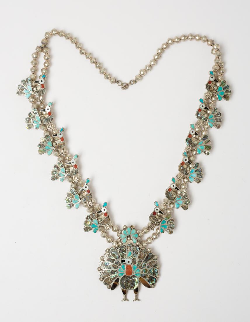 Old Pawn Zuni Inlay Peacock Squash Blossom Necklace (1 of 2)