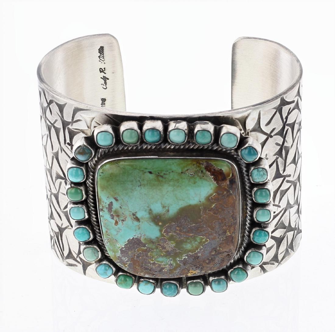 Cody R Willie Contemporary Turquoise Wide Cuff Bracelet: Sterling Silver | Genuine Turquoise | Cody R Willie Contemporary Turquoise Wide Cuff Bracelet | Navajo Native American Southwest Indian Jewelry | Weight:202.5 Grams, | Dimensions: Bracelet: 5.75" inne