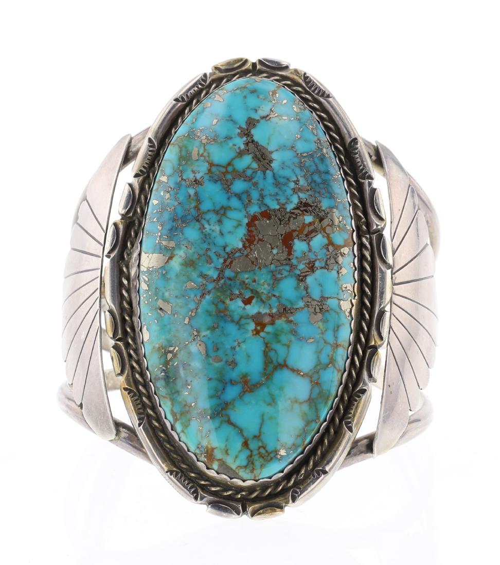 Old Pawn Turquoise Large Stone Shield Cuff Bracelet (1 of 3)