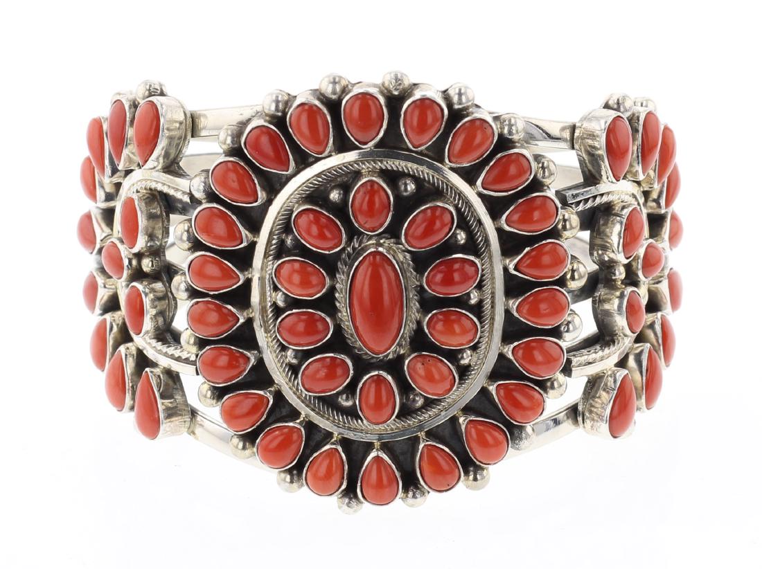 Kathleen Chavez Ox Blood Mediterranean Coral Calibrated: Sterling Silver | Genuine OX Blood Mediterranean Coral | Kathleen Chavez Ox Blood Mediterranean Coral Calibrated Cluster Cuff Bracelet | Navajo Native American Southwest Indian Jewelry | Weight:100.2 