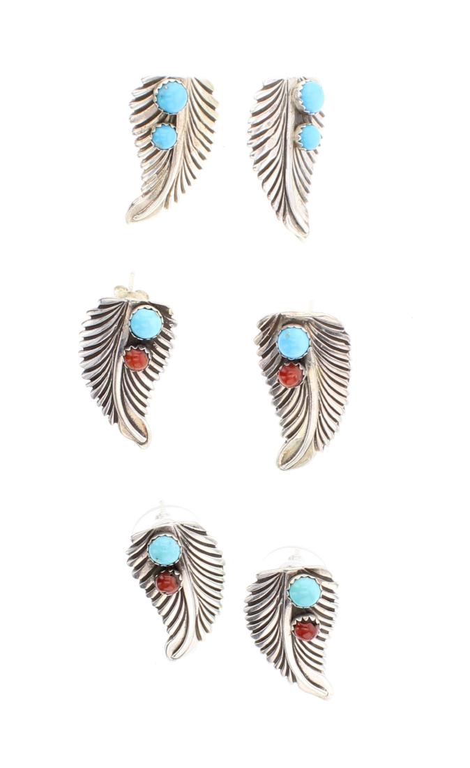 Turquoise & Coral Earrings Lot of Three Pairs (1 of 2)