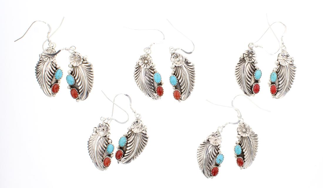 Turquoise & Coral Leaf Earrings Lot of Five Pairs (1 of 2)