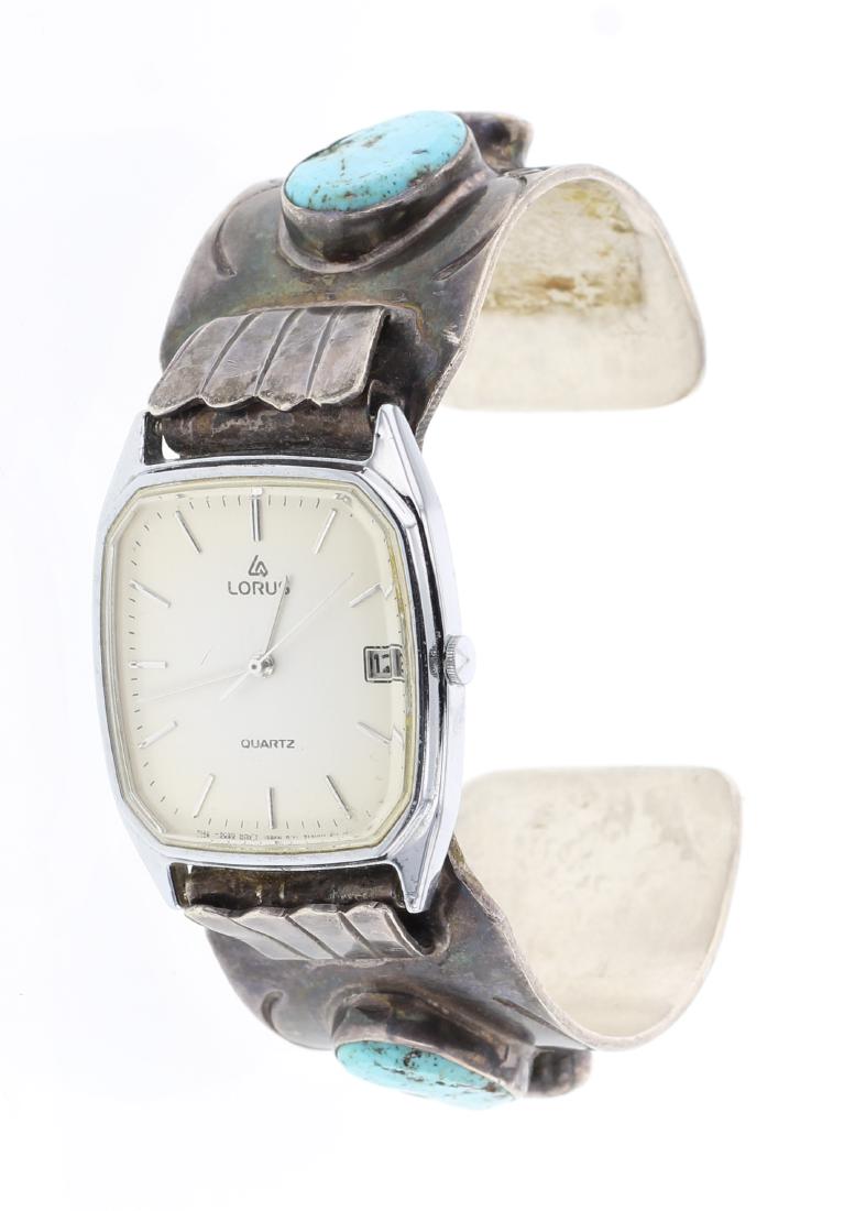 Old Pawn Turquoise & Coral Watch Cuff Bracelet (1 of 3)