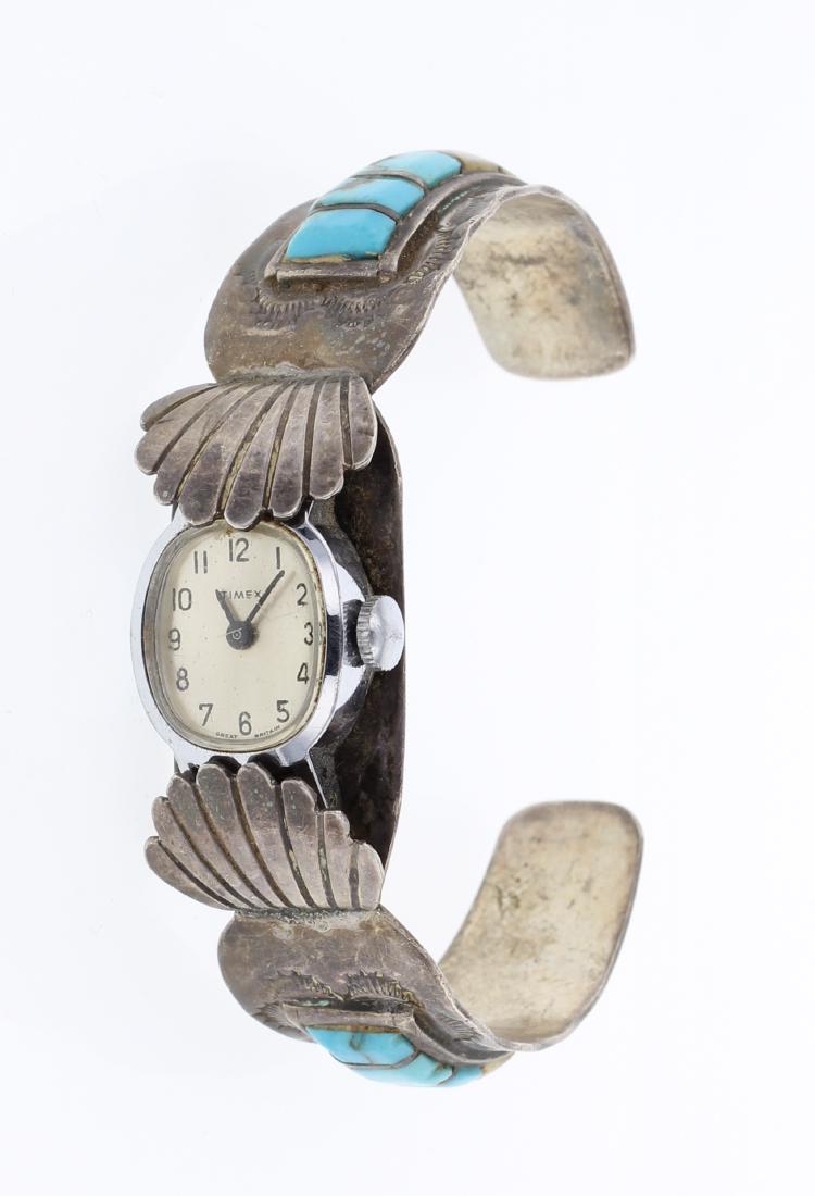 Old Pawn Inlay Turquoise Watch Cuff Bracelet (1 of 3)