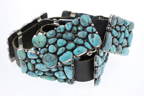 Haley Old Pawn Spiderweb Turquoise Freeform Cluster: Haley Old Pawn Spiderweb Turquoise Freeform Cluster Concho Belt | Sterling Silver | Genuine Spiderweb Turquoise | Navajo Native American Southwest Indian Jewelry | Dimensions: Belt: 42" length, 3" x 2