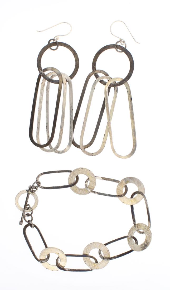 Vintage Bracelet & Earrings Set: Sterling Silver | | Vintage Bracelet & Earrings Set | | Weight:23.8 Grams, | Dimensions: Bracelet: 9" total length, .75" face width, Earrings: 1" x 3.5" (for both) |