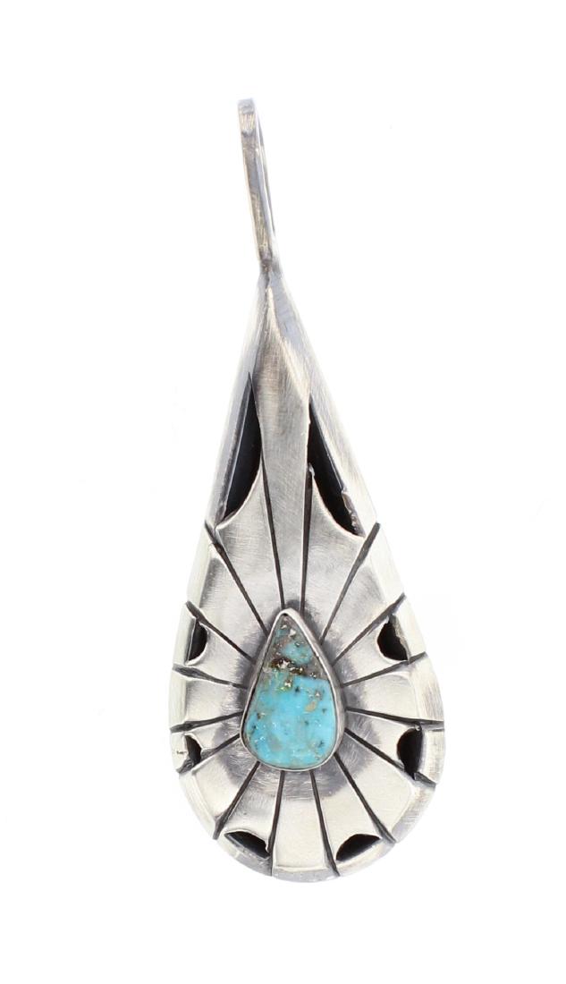 Chee Vintage Turquoise Shadow Box Pendant: Sterling Silver | Genuine Turquoise | Chee Vintage Turquoise Shadow Box Pendant | Navajo Native American Southwest Indian Jewelry | Weight:28.4 Grams, | Dimensions: Pendent: 1" x 3", 9mm x 15mm stone