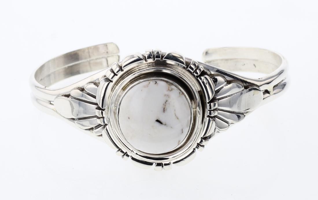 Delvin John White Buffalo Contemporary Bracelet: Sterling Silver | Genuine White Buffalo | Delvin John White Buffalo Contemporary Bracelet | Navajo Native American Southwest Indian Jewelry | Weight:27.3 Grams, | Dimensions: Bracelet: 5.25" inner, .7