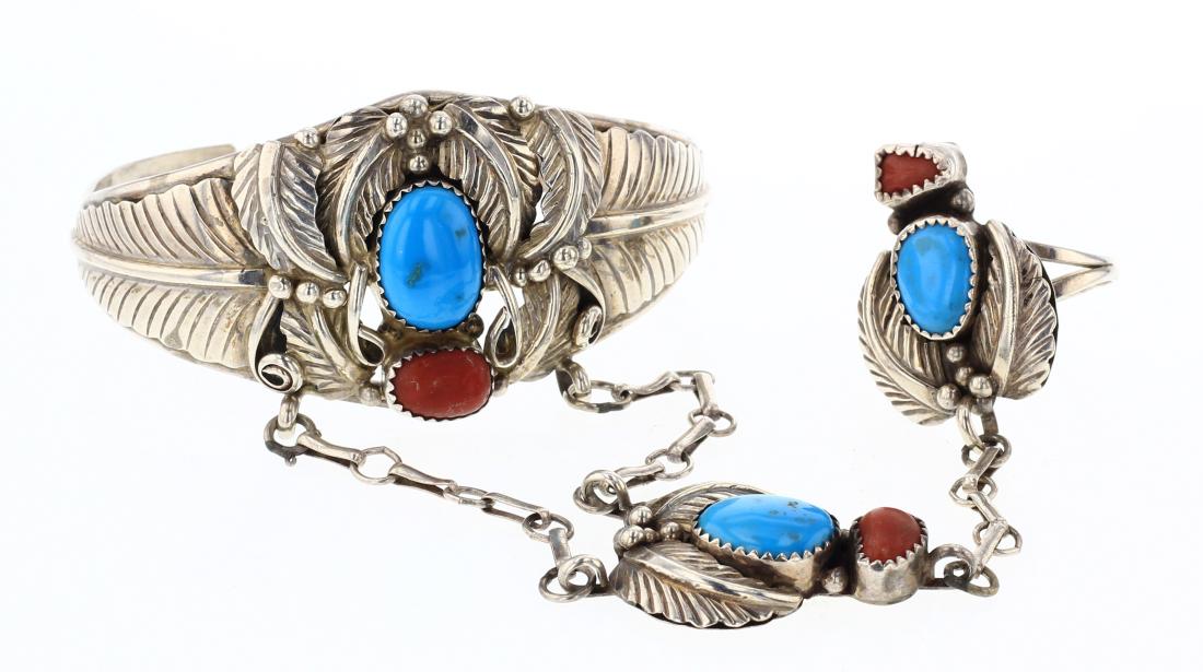 Contemporary Turquoise & Coral Slave Bracelet & Ring (1 of 3)