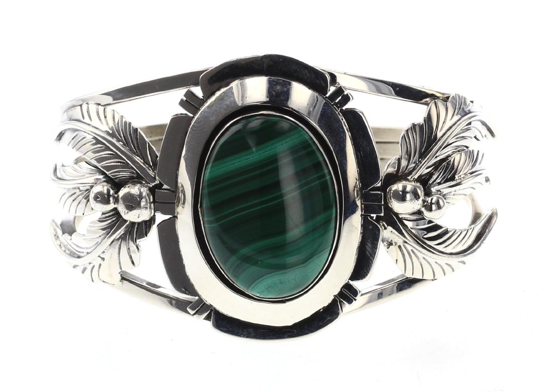 Contemporary Malachite Leaf Bracelet: Sterling Silver | Genuine Malachite | Contemporary Malachite Leaf Bracelet | Navajo Native American Southwest Indian Jewelry | Weight:51.5 Grams, | Dimensions: Bracelet: 5.5" inner, .75" gap, 6.25" to