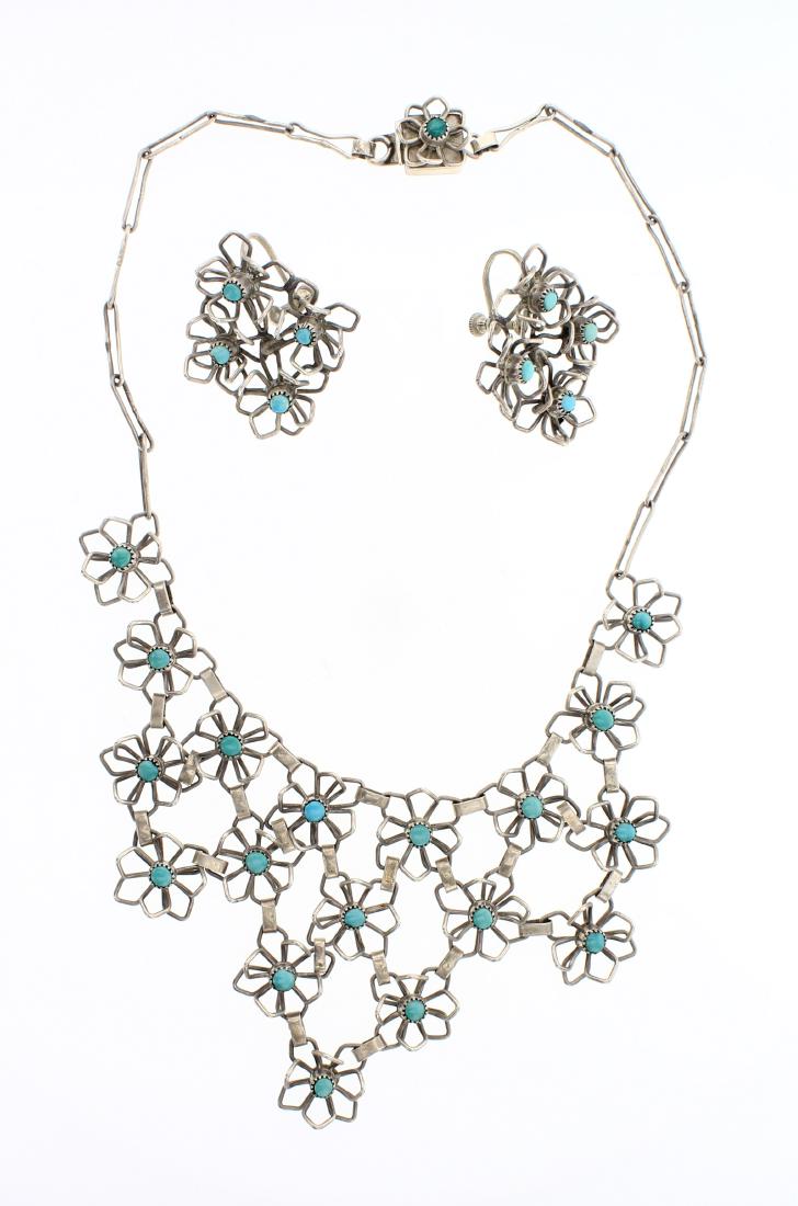 Vintage Turquoise Flower Blossom Necklace & Earrings (1 of 2)
