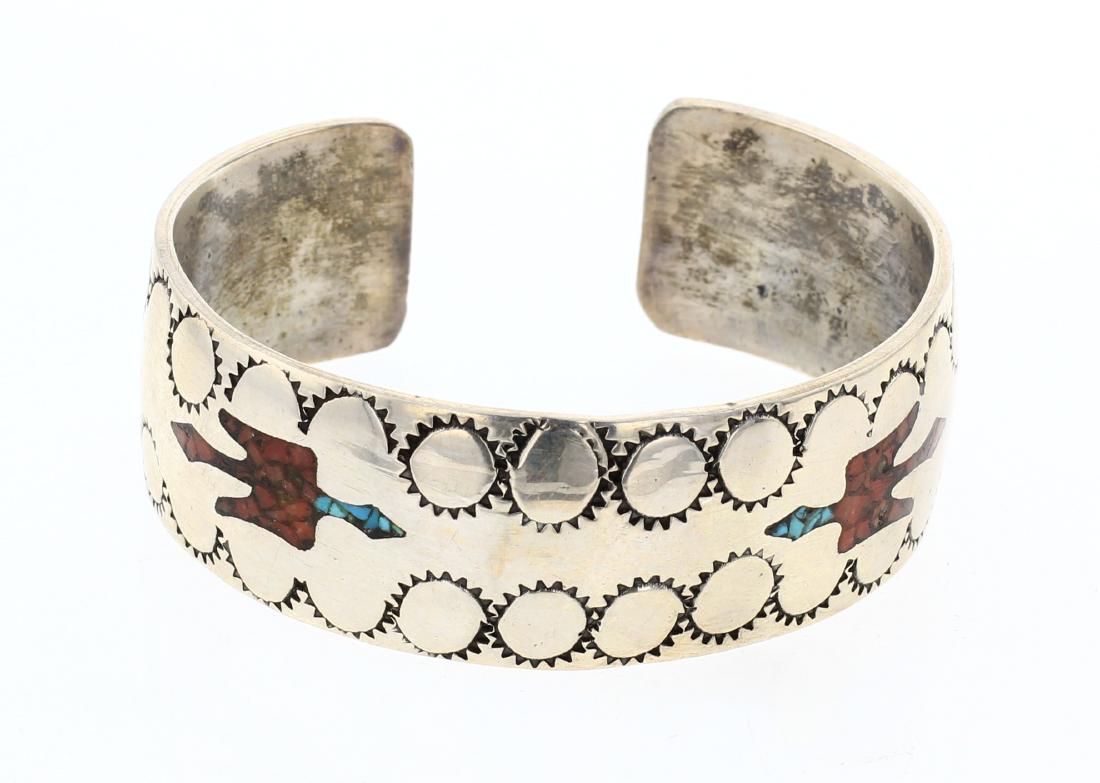Old Pawn Crushed Turquoise & Coral Peyote Bird Bracelet: Sterling Silver | Genuine Turquoise & Coral | Old Pawn Crushed Turquoise & Coral Peyote Bird Bracelet | Navajo Native American Southwest Indian Jewelry | Weight:47.4 Grams, | Dimensions: Bracelet: 5.7