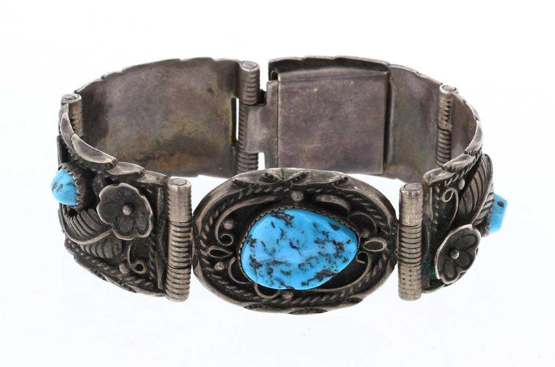 Vintage Kingman Turquoise Flower & Leaf Link Bracelet