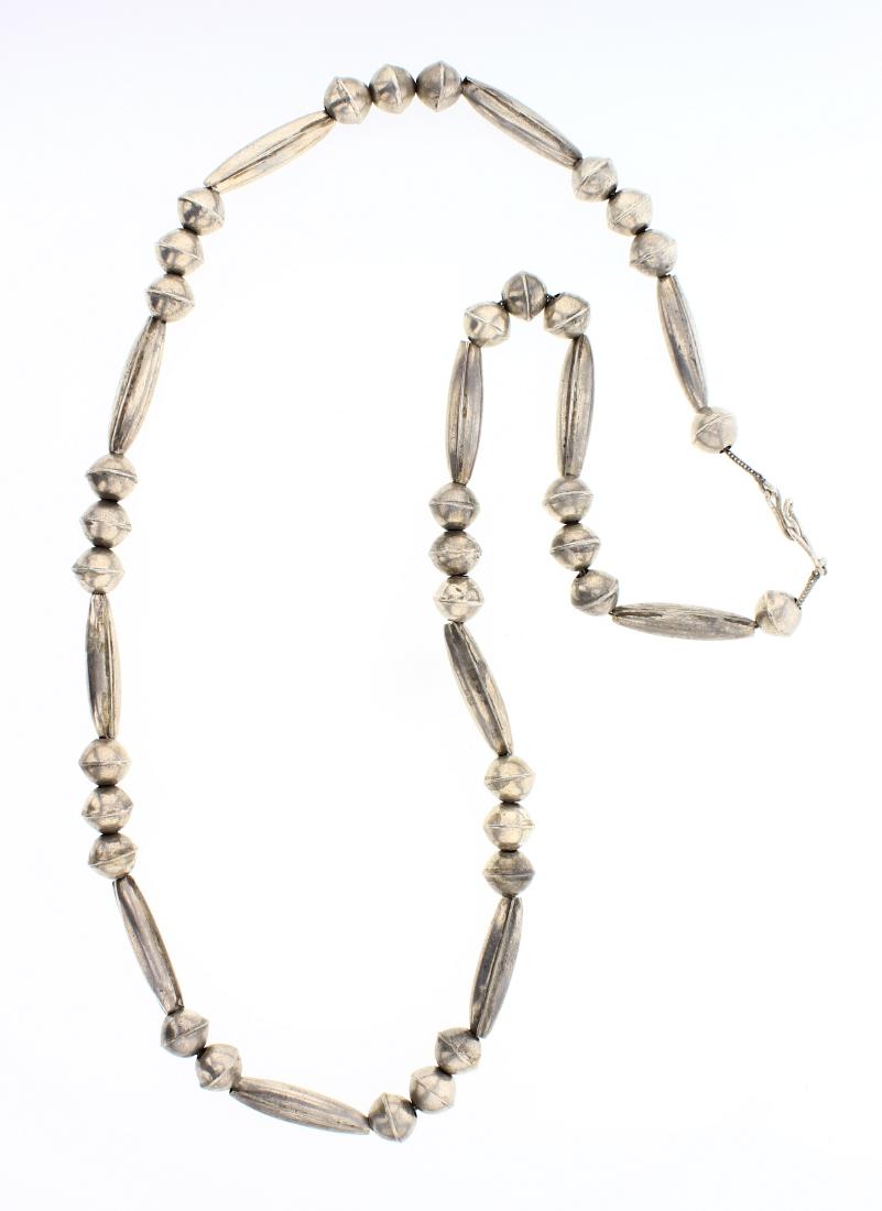 Old Pawn Barrel Beads Necklace: Sterling Silver | | Old Pawn Barrel Beads Necklace | Navajo Native American Southwest Indian Jewelry | Weight:35.3 Grams, | Dimensions: Necklace: 24" length, 10mm diameter beads |