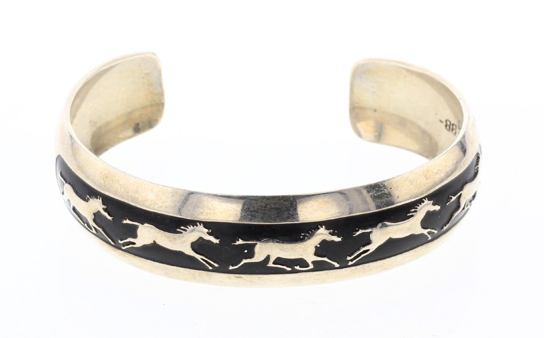 Webb Vintage Overlay Running Horses Bracelet: Sterling Silver | | Webb Vintage Overlay Running Horses Bracelet | Navajo Native American Southwest Indian Jewelry | Weight:25.2 Grams, | Dimensions: Bracelet: 5.75" inner, 1" gap, 6.75" total, .5" fa