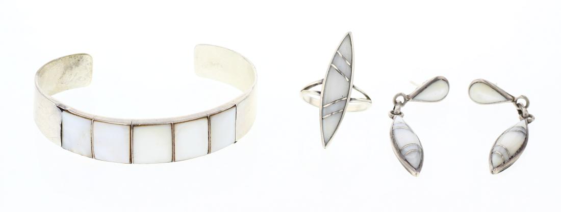 Vintage Mother of Pearl Inlay Bracelet Earrings & Ring (1 of 3)