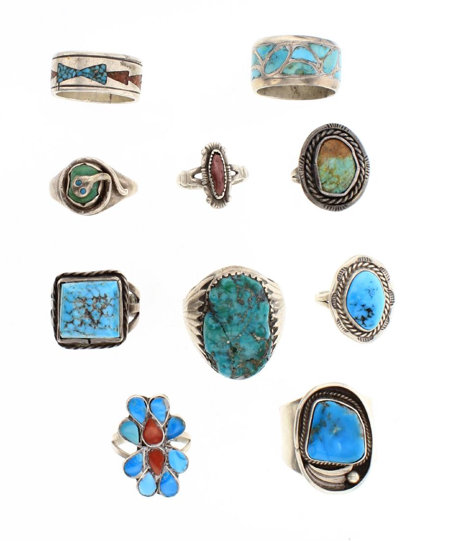 Old Pawn & Vintage Turquoise & Coral Rings Lot of 10 (1 of 3)