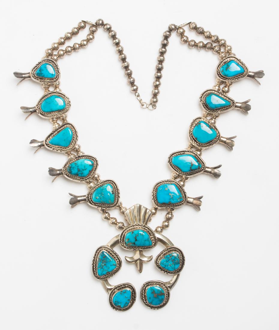 JJ Vintage Turquoise Squash Blossom Necklace: Sterling Silver | Genuine Turquoise | JJ Vintage Turquoise Squash Blossom Necklace | Navajo Native American Southwest Indian Jewelry | Weight:273.6 Grams, | Dimensions: Necklace: 24" length, 3.5" x 4"