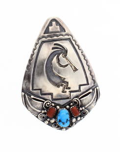 Peter Nelson Vintage Turquoise & Coral Kokopelli Belt: Sterling Silver | Genuine Turquoise & Coral | Peter Nelson Vintage Turquoise & Coral Kokopelli Belt Buckle | Navajo Native American Southwest Indian Jewelry | Weight:31.7 Grams, | Dimensions: Buckle: