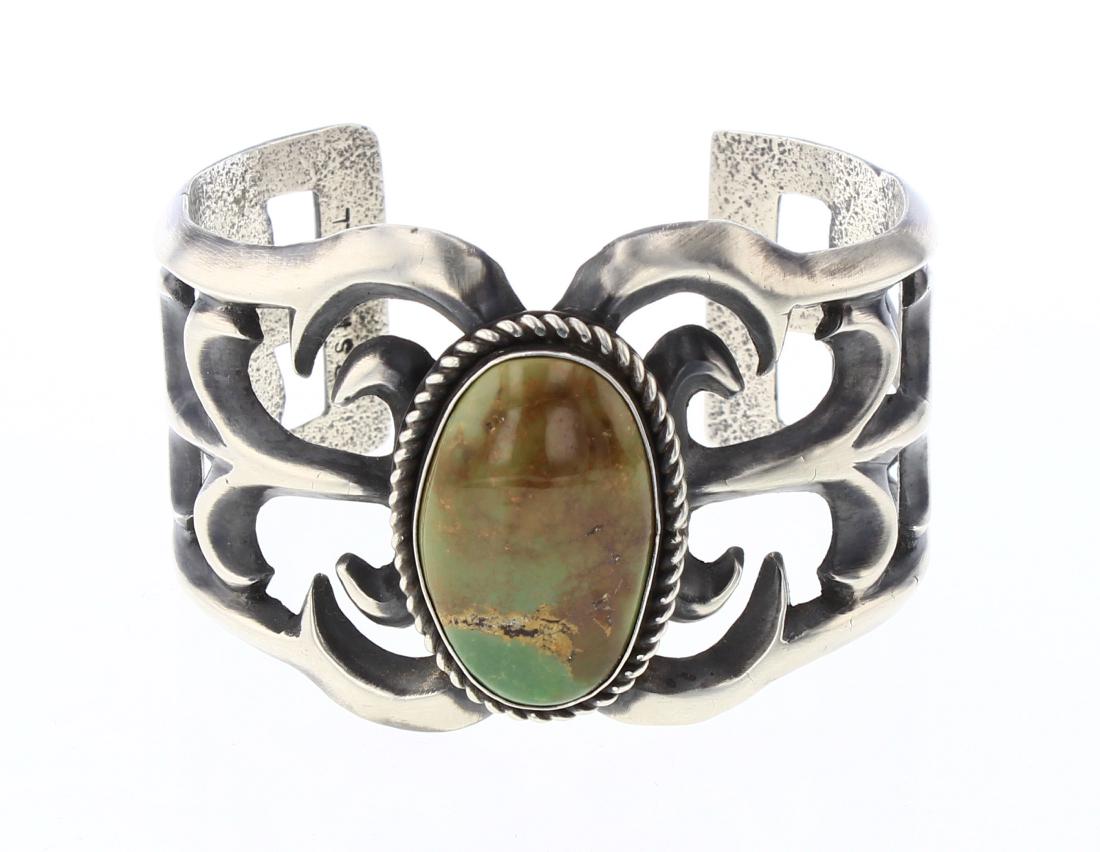 R S Mitchell Turquois Sand Cast Cuff Bracelet: Sterling Silver | Genuine Turquoise | R S Mitchell Turquois Sand Cast Cuff Bracelet | Navajo Native American Southwest Indian Jewelry | Weight:80.7 Grams, | Dimensions: Bracelet: 5.25" inner, 1" gap, 