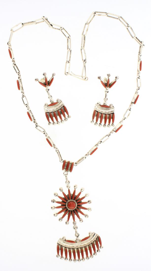 BW JR Coral Needlepoint Zuni Inlay Necklace & Earrings (1 of 2)