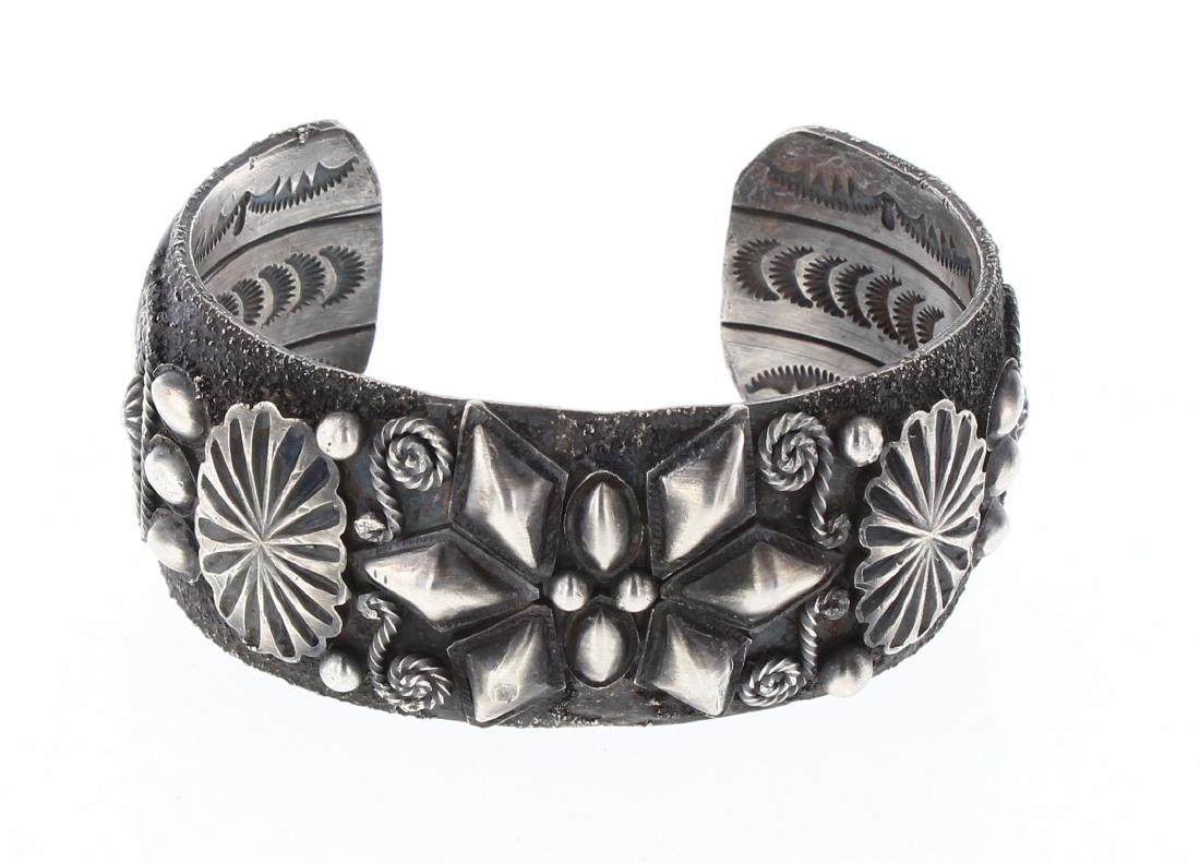 Larry Martinez Chavez Bump Out Spider Cuff Bracelet: Sterling Silver | | Larry Martinez Chavez Bump Out Spider Cuff Bracelet | Navajo Native American Southwest Indian Jewelry | Weight:71.7 Grams, | Dimensions: Bracelet: 5.5" inner, 1" gap, 6.5" total, 1